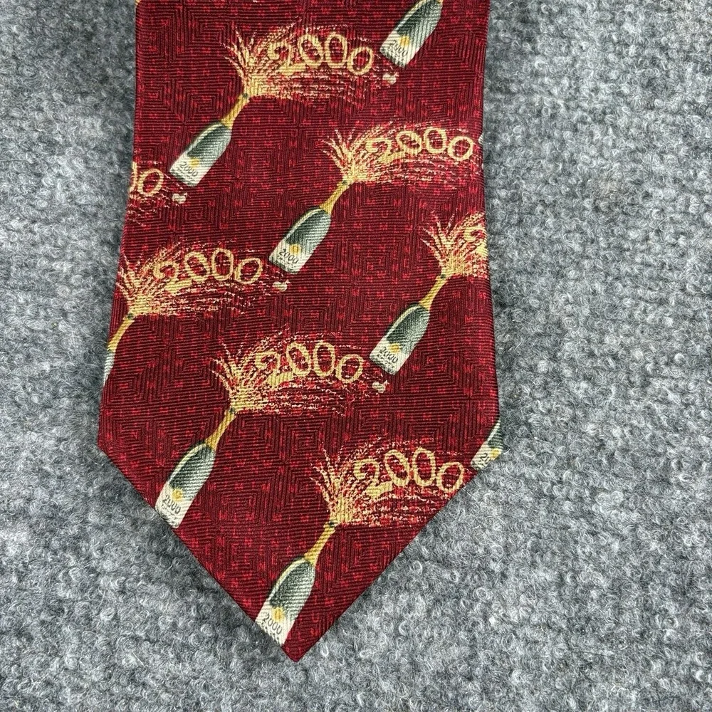 Vintage Y2K Jos A Bank Tie Men Red Silk Millennium 2000 New Year's Champagne USA